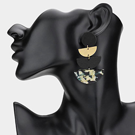 Geometric Wooden Metal Resin Layered Fan Plate Link Drop Earrings