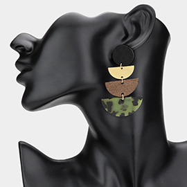 Geometric Wooden Metal Resin Layered Fan Plate Link Drop Earrings