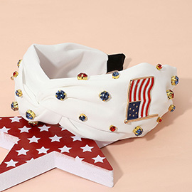 Enamel American USA Flag Stone Cluster Embellished Knot Headband