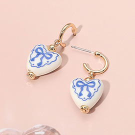 Bow Printed Heart Ceramic Charm Dangle Earrings