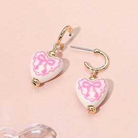 Bow Printed Heart Ceramic Charm Dangle Earrings