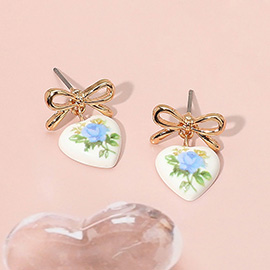 Floral Heart Ceramic Dangle Bow Earrings