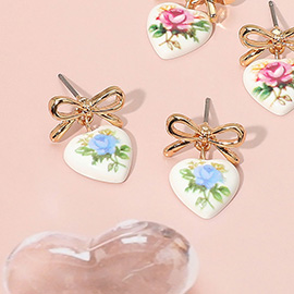 Floral Heart Ceramic Dangle Bow Earrings