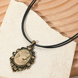 Vintage Cameo Pendant Double Waxed Cord Necklace