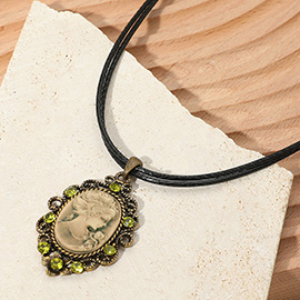 Vintage Cameo Pendant Double Waxed Cord Necklace