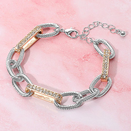 Stone Paved Two Tone Textured Metal Link Chain Bracelet