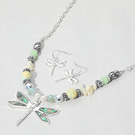 Abalone Dragonfly Pendant Multi Beaded Necklace