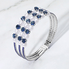 Pearl Stone Bezel Point Rhinestone Paved Split Adjustable Evening Bracelet
