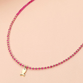 CZ Stone Paved Mini Fish Charm Point Faceted Beaded Choker Necklace