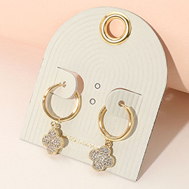 18K Gold Dipped Stone Paved Quatrefoil Dangle Hinged Mini Hoop Earrings