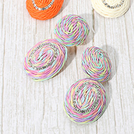 Rhinestone Accent Raffia Wrapped Oval Dangle Earrings
