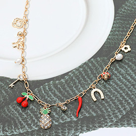 Pineapple Cherry Chili Quatrefoil Bow Key Pearl Mushroom Flower Good Luck Horseshoe Charm Station Necklace