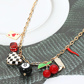 Enamel Retro Checkered Heart 8-Ball Cherry Dice Card Chili Western Boot Charm Station Necklace