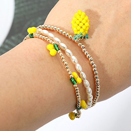 3PCS - Pearl Lemon Seed Beaded Stretch Multi Layered Bracelets