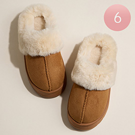 6Pairs - Platform Fur Lining Faux Suede Sherpa Indoor Slippers