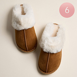 6Pairs - Round Toe Thick Faux Fur and Suede Textured Up Fuzzy Sherpa Indoor Slippers