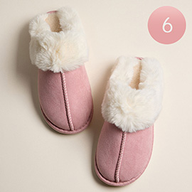6Pairs - Round Toe Thick Faux Fur and Suede Textured Up Fuzzy Sherpa Indoor Slippers