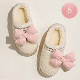 6Pairs - Platform Corduroy Puffy Bow Sherpa Indoor Slippers