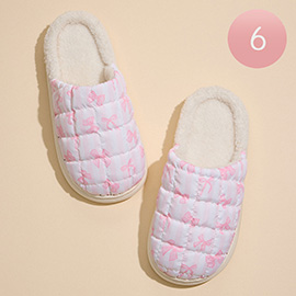 6Pairs - Ribbon Patterned Quilted Upper With Padded Sole Indoor Slippers