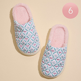 6Pairs - Diamond Ribbon Floral Patterned Quilted Upper With Padded Sole Indoor Slippers