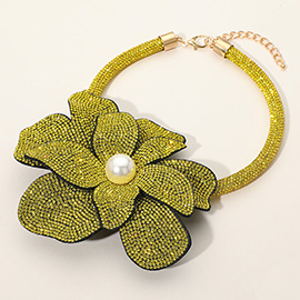 Pearl Centered Bling Studded Oversized Flower Pointed Necklace