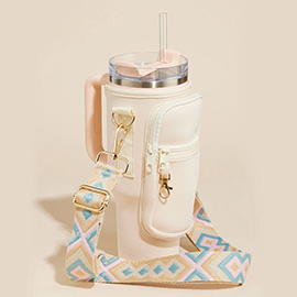 Solid Tumbler Carrier Holder Aztec Pattern Strap Crossbody Bag