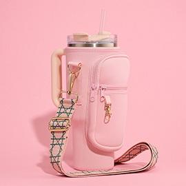Solid Tumbler Carrier Holder Geometric Pattern Strap Crossbody Bag