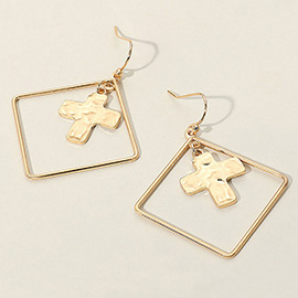Hammered Cross Metal Wire Square Dangle Earrings