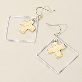Hammered Cross Metal Wire Square Dangle Earrings
