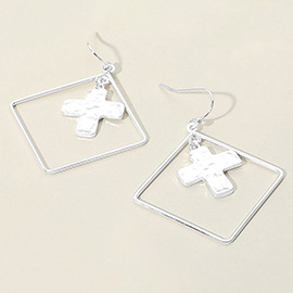 Hammered Cross Metal Wire Square Dangle Earrings