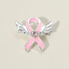 Heart Stone Point Enamel Pink Ribbon Angel Wing Pin Brooch