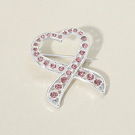 Stone Paved Heart Pink Ribbon Pin Brooch