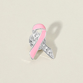 Stone Paved Enamel Pink Ribbon Pin Brooch