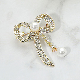 Pearl Accent Stone Paved Bow Pin Brooch