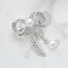 Pearl Accent Stone Paved Bow Pin Brooch