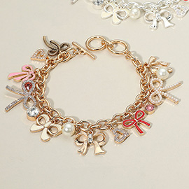 Enamel Bow Pearl Stone Paved Heart Stone Bezel Charm Embellished Toggle Bracelet