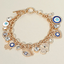 Enamel Stone Paved Evil Eye Hamsa Hand Stone Bezel Charm Embellished Toggle Bracelet