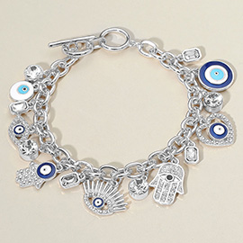 Enamel Stone Paved Evil Eye Hamsa Hand Stone Bezel Charm Embellished Toggle Bracelet