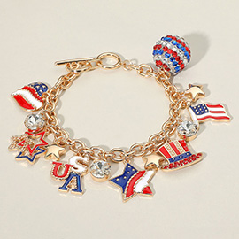 Enamel Stone Paved American USA Flag Message Shamballa Ball Charm Embellished Toggle Bracelet