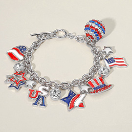 Enamel Stone Paved American USA Flag Message Shamballa Ball Charm Embellished Toggle Bracelet