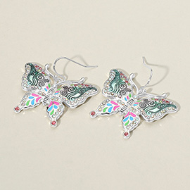 Antique Metal Enamel Butterfly Dangle Earrings
