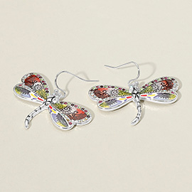 Antique Metal Enamel Dragonfly Dangle Earrings