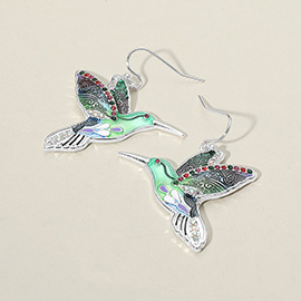 Antique Metal Stone Paved Enamel Bird Dangle Earrings