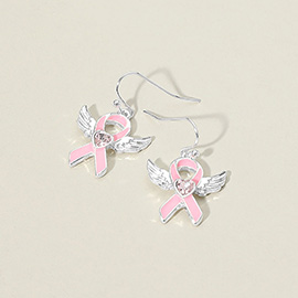 Heart Stone Point Enamel Pink Ribbon Angel Wing Dangle Earrings