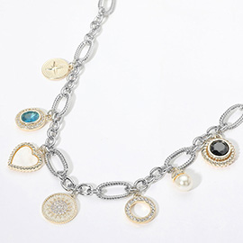 14K Gold Plated Two Tone CZ Stone Mother of Pearl Heart Pearl Medal Charm Station Necklace
