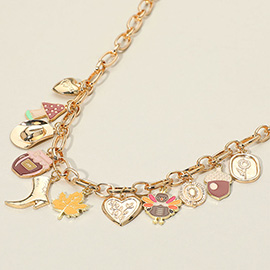 Enamel Turkey Maple Leaf Acorn Jam Jar Mushroom Metal Western Hat Boot Heart Flower Charm Station Necklace
