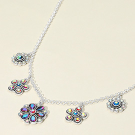Flower Stone Cluster Charm Station Necklace