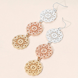 Triple Metal Filigree Medallion Link Drop Earrings