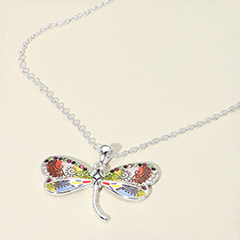 Antique Metal Enamel Dragonfly Pendant Necklace