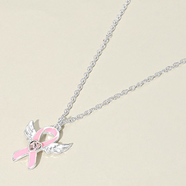 Heart Stone Pointed Enamel Pink Ribbon Angel Wing Pendant Necklace
